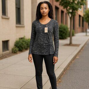 New Tru Self Womens Small Gray White Black Long Sleeve Knot Front Shirt Top S